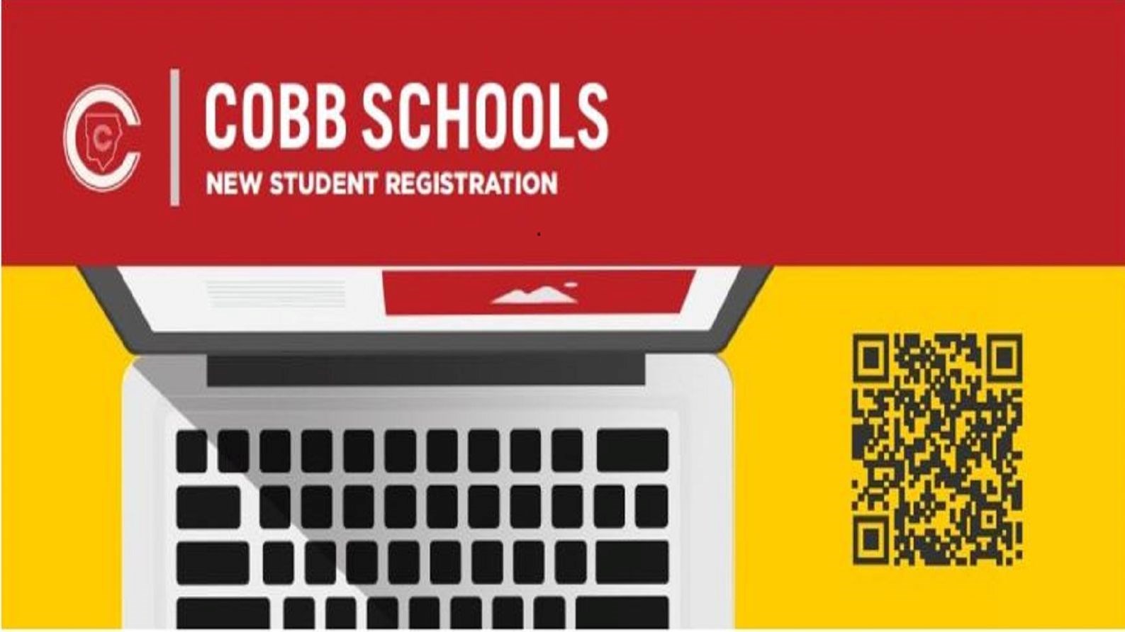 Cobb Schools New Student Registration with a computer pictured and a QR Code